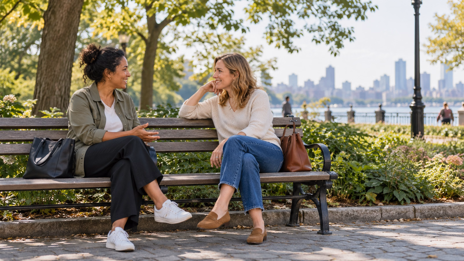 Two adults talking together on a park bench during a daytime break
