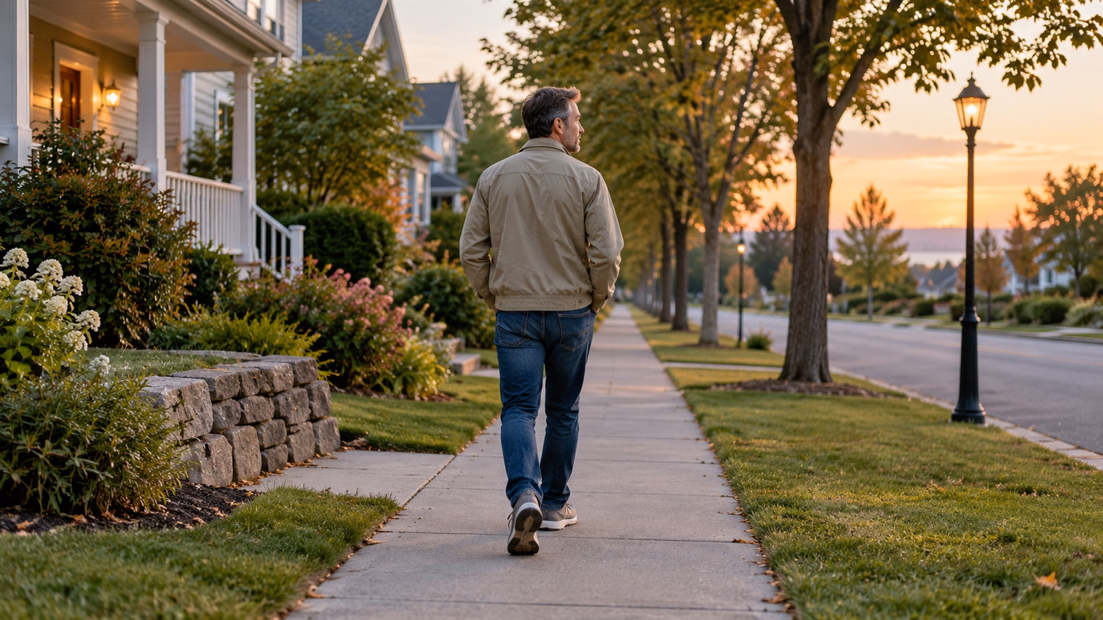 Adult taking a relaxed walk on a neighborhood sidewalk before dark