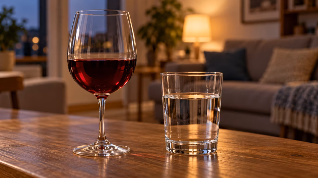 Glass of red wine beside a glass of water on a living-room table in the evening