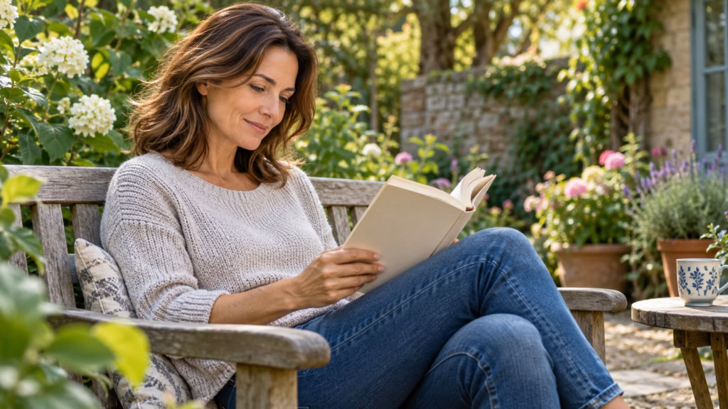Adult reading a paperback on a wooden seat in a garden