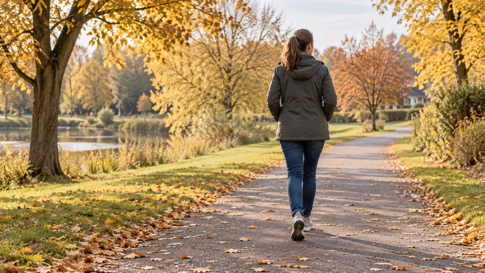 Adult walking along a level park path in autumn daylight