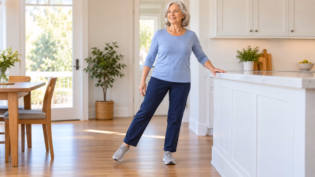 Older adult practicing balance with one hand supported on a fixed kitchen counter