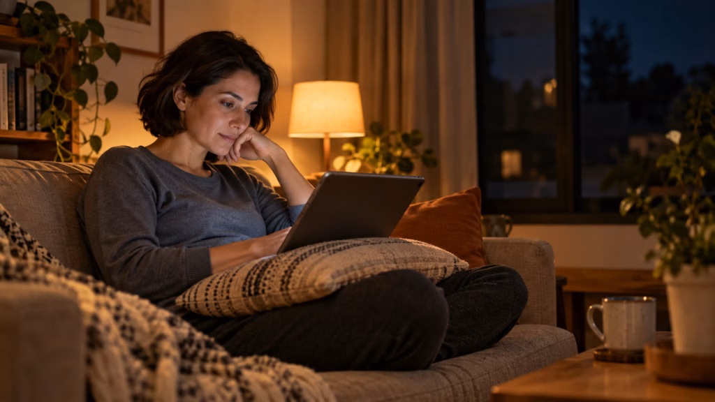 Adult relaxing on a sofa with a tablet late in the evening