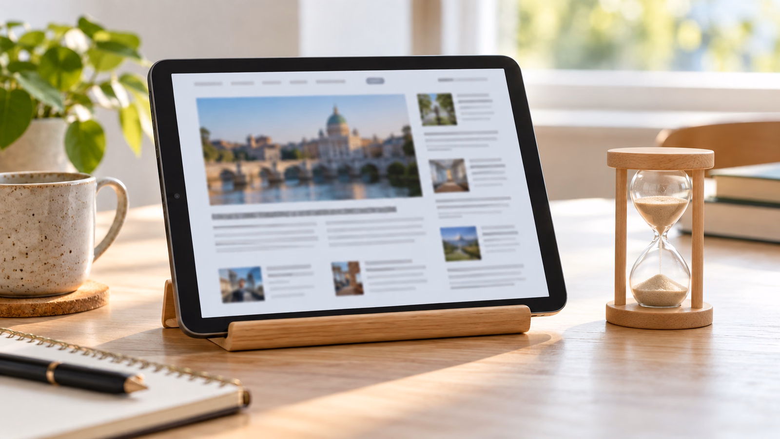 Tablet displaying an article beside a sand timer