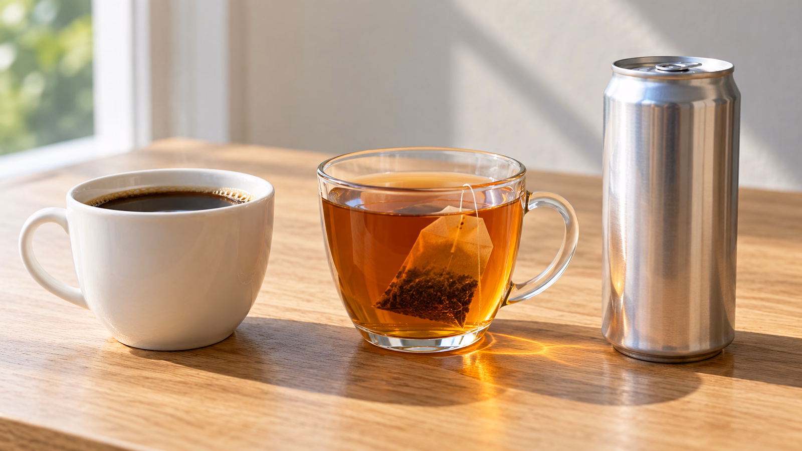Coffee, tea, and an unbranded beverage can on a table