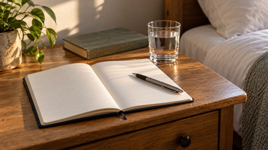 Open notebook and pen beside a glass of water near a bed