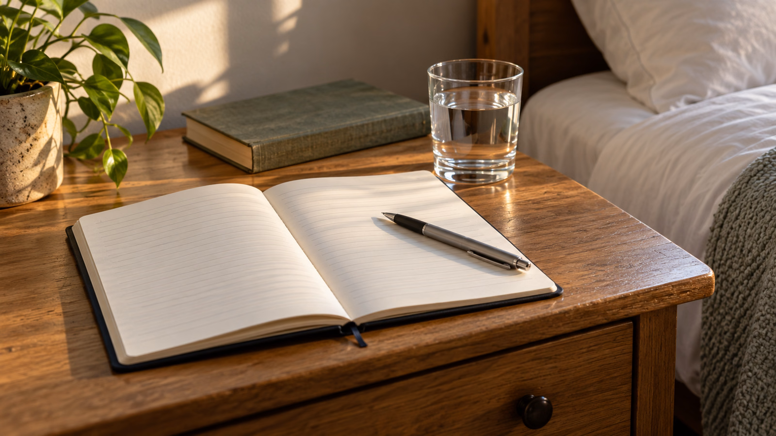 Open notebook and pen beside a glass of water near a bed