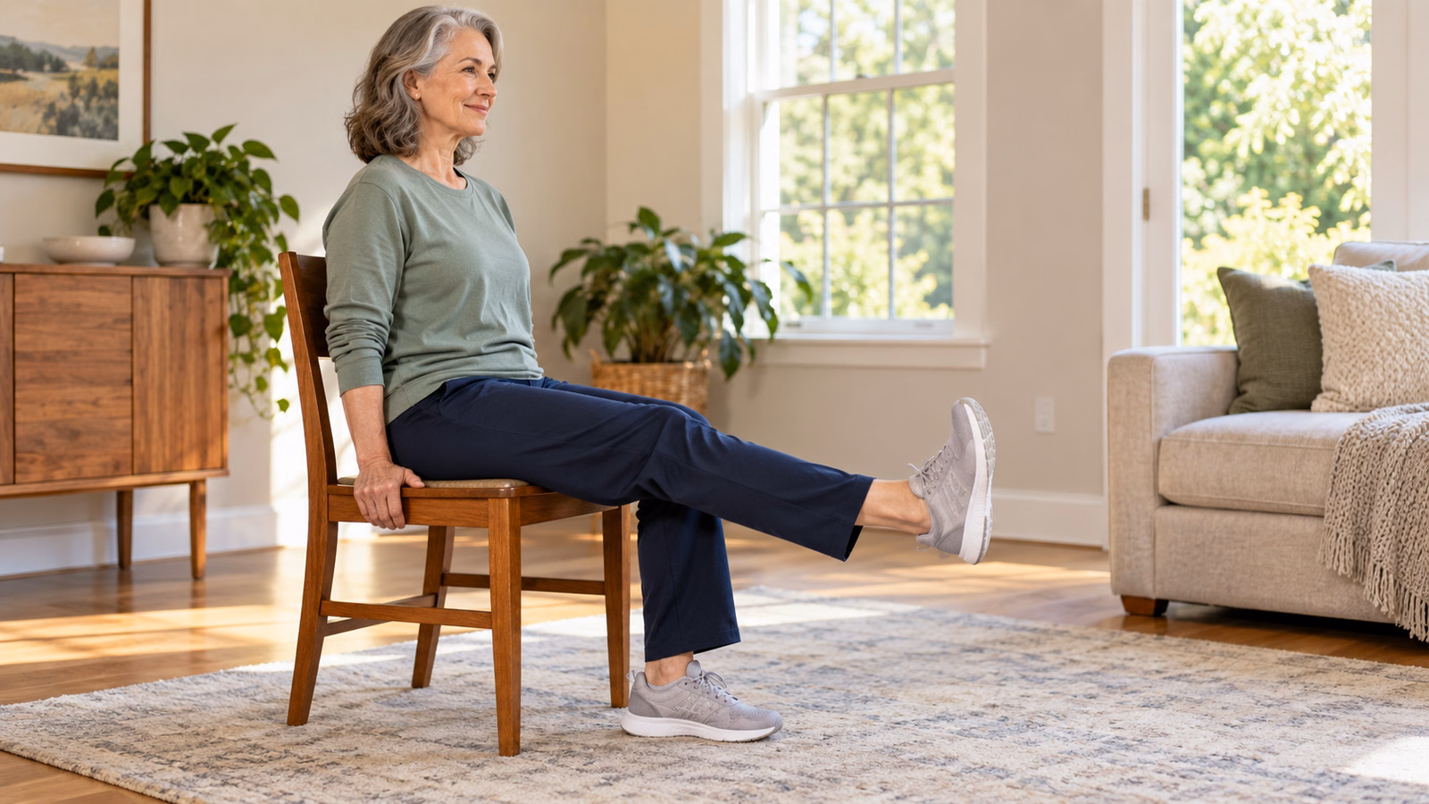 Woman practicing a seated ankle stretch with one leg extended and the other foot supported