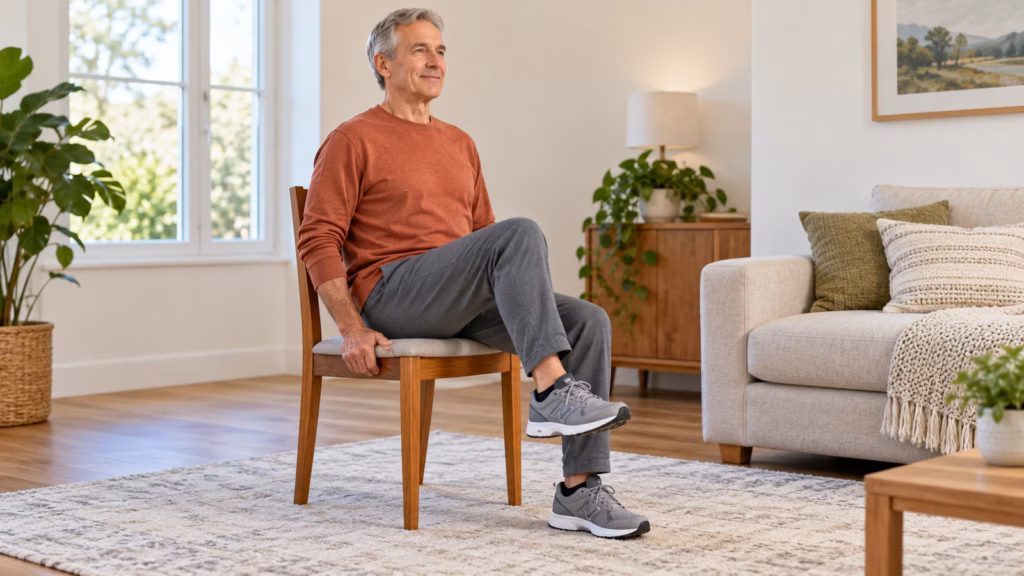 Man doing a seated hip march on a sturdy armless chair with one foot lifted