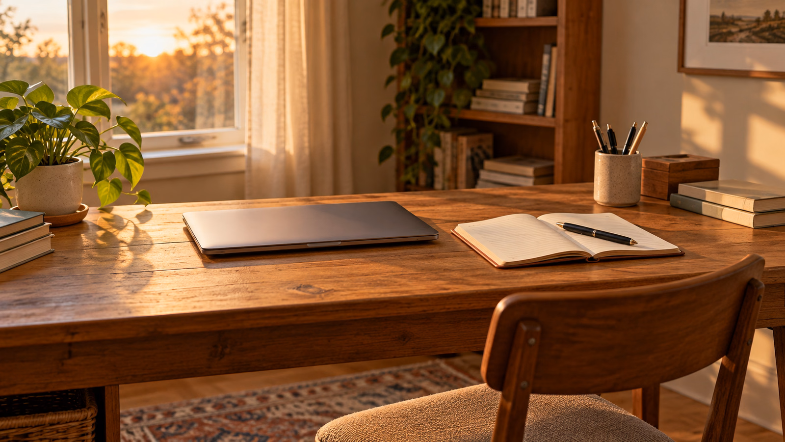Closed laptop and notebook on a desk at the end of the workday