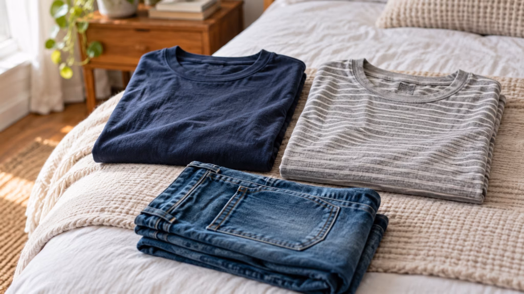 Two folded casual tops and one pair of jeans laid out on a bed as simple outfit options