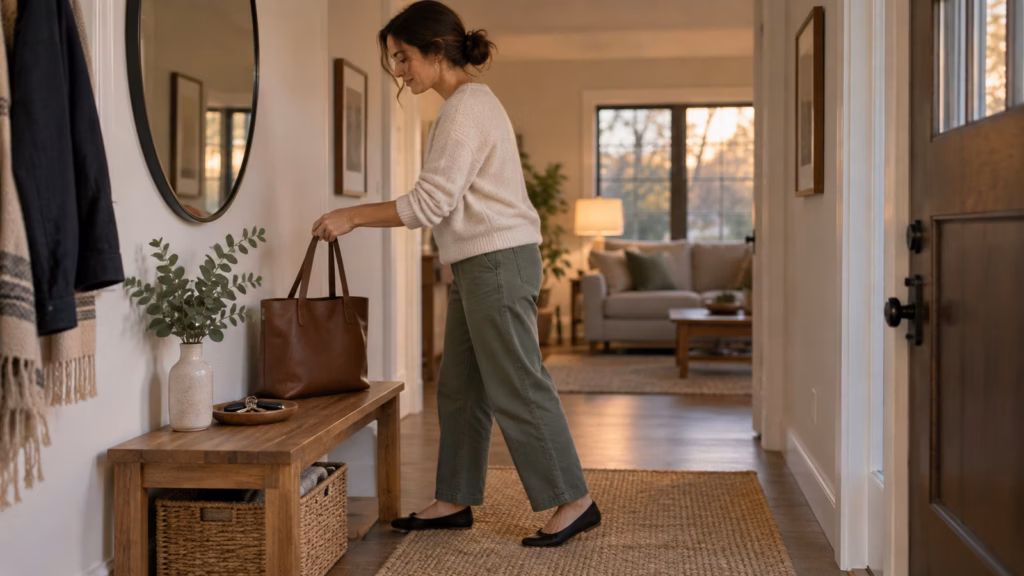 Adult setting a work tote on an entryway bench after arriving home