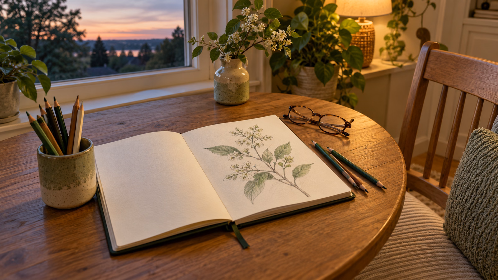 Open sketchbook and colored pencils ready for an early-evening hobby