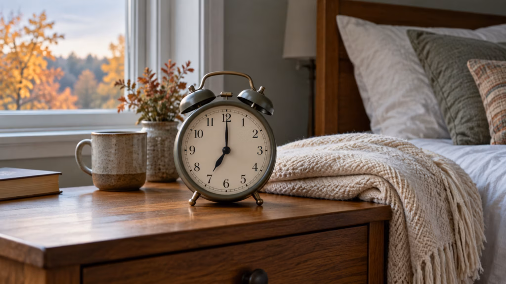 Analog alarm clock beside a bed in soft autumn morning light