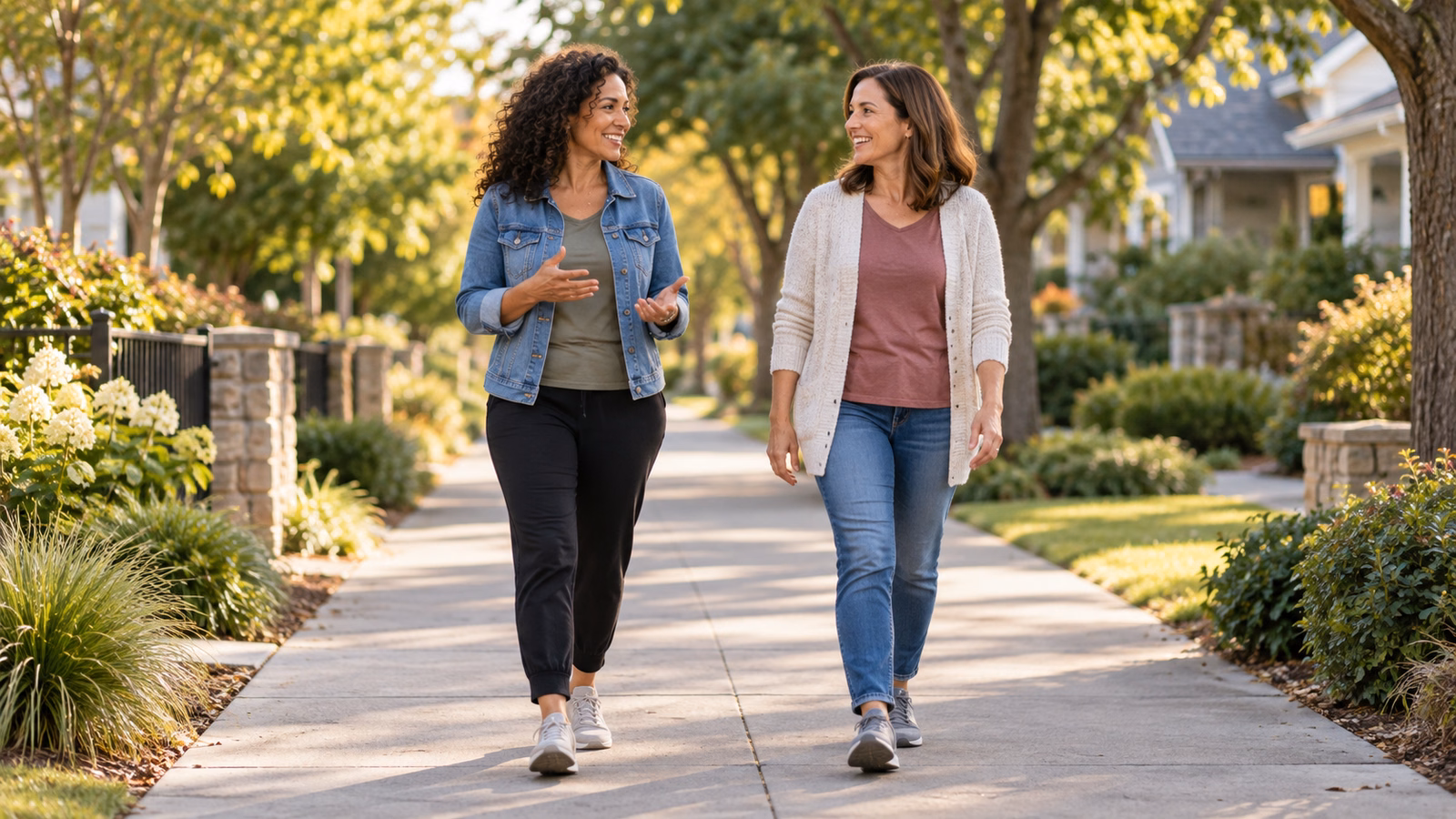 Two adults walking side by side and talking on a tree-lined neighborhood path