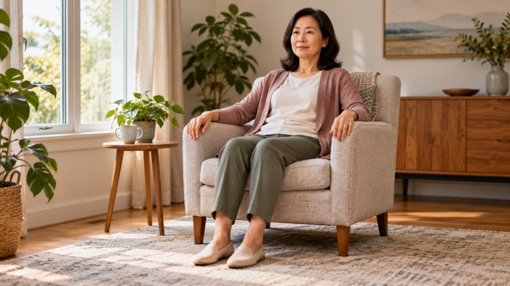 Woman seated with back supported and feet on the floor for gentle breathing exercises