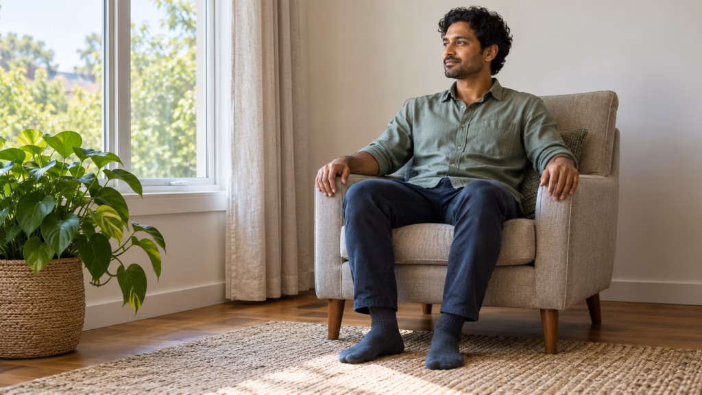 Man seated with both feet supported on the floor while noticing the room