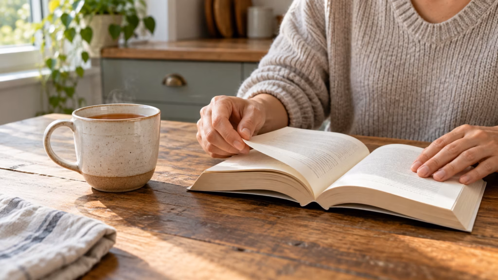 Adult turning a page in an open paperback beside a ceramic mug on a kitchen table