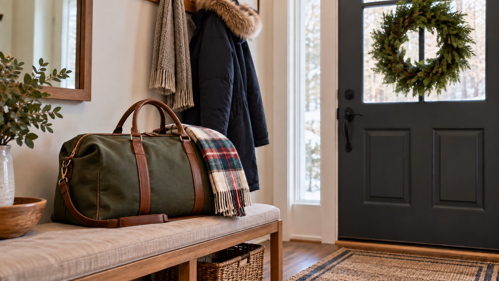 Overnight bag and scarf on an entryway bench beside a winter coat