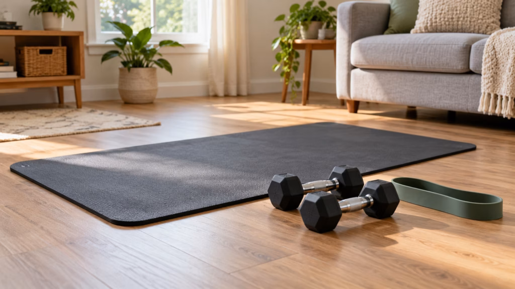 Exercise mat, resistance band, and two dumbbells in a clear home workout space