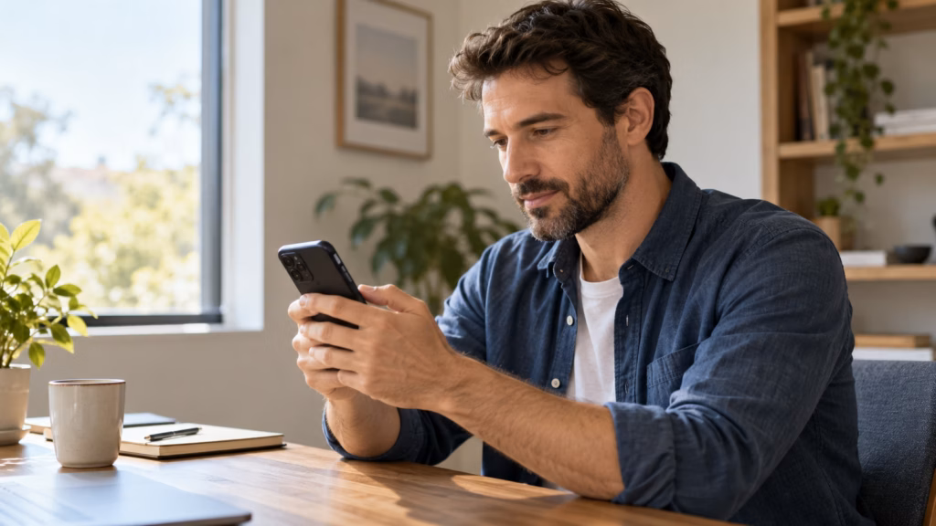 Adult checking a smartphone at a home desk in daylight