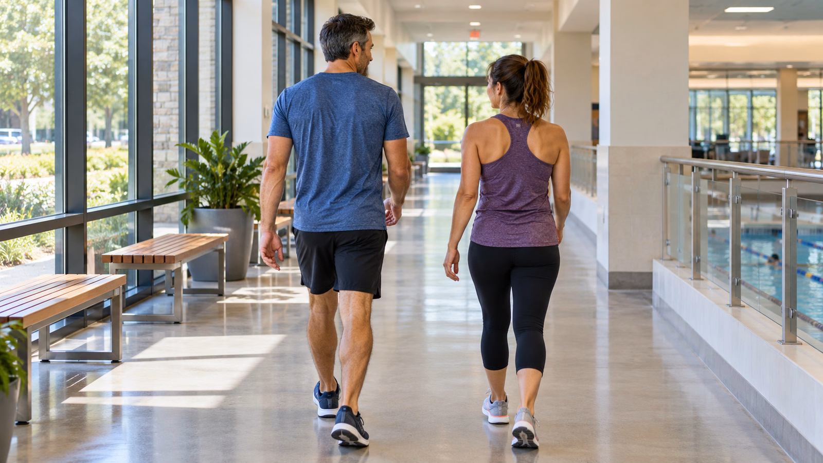 Indoor walking along a bright recreation-center corridor