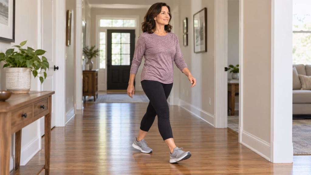 Adult walking through a clear, well-lit hallway at home