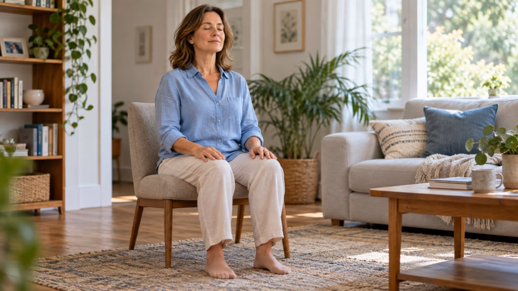 Woman sitting comfortably on a chair with eyes closed and hands resting on her thighs