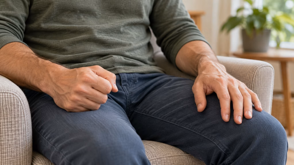 One hand gently curled and the other relaxed on a lap during progressive muscle relaxation