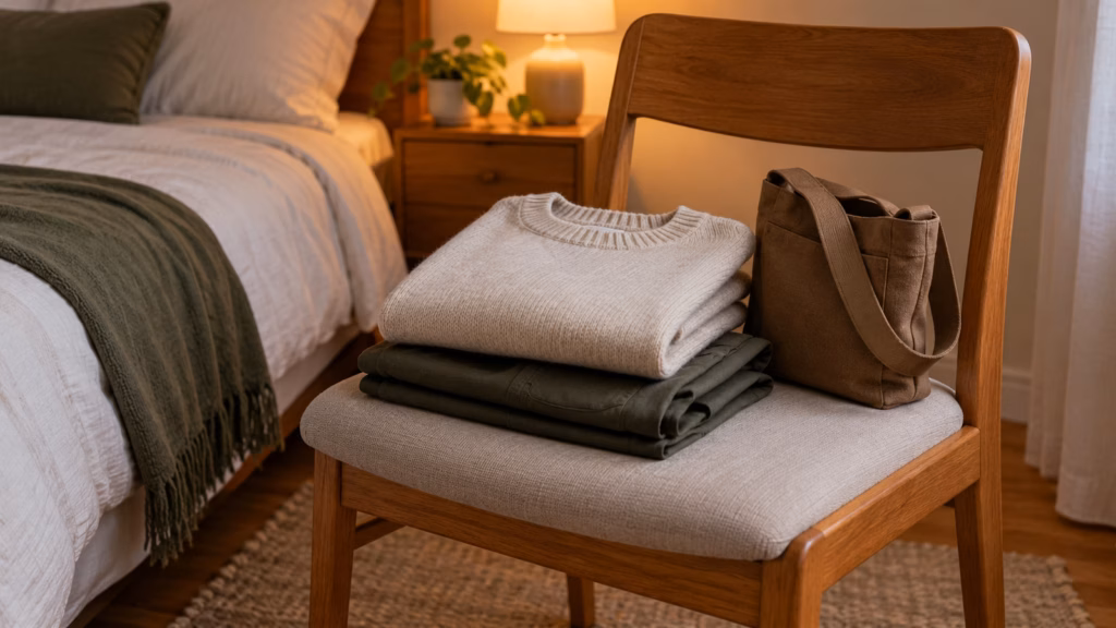 Folded clothes and a plain tote set on a bedroom chair for the next day