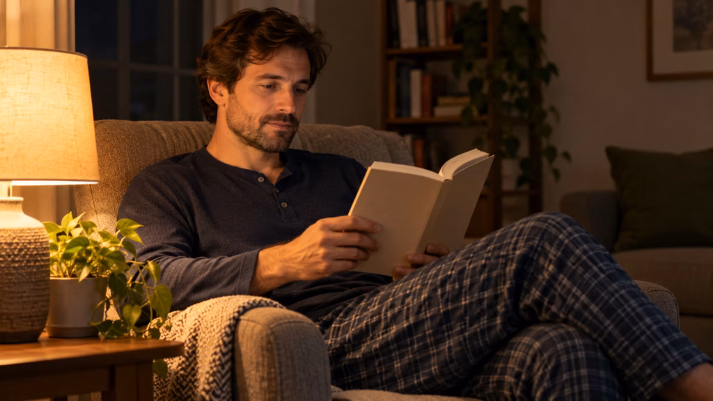 Man reading quietly in an armchair at night under a warm lamp