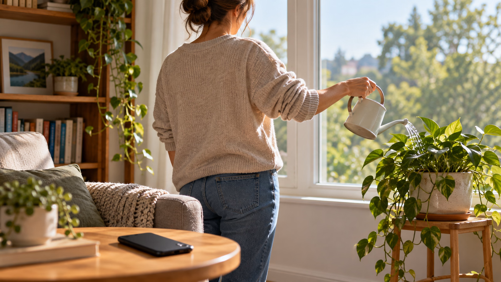 Adult watering a houseplant while a phone rests on a nearby table