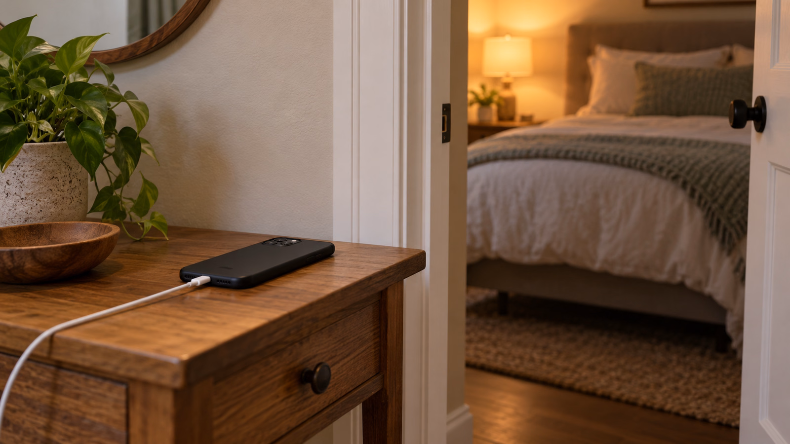 Phone charging face down on a hall table outside a bedroom