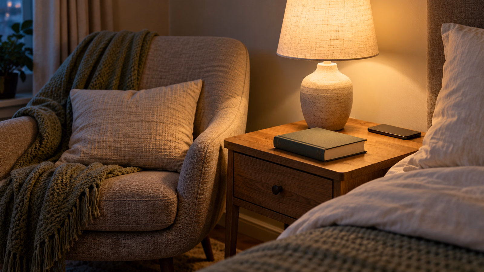 Closed book and face-down phone beside a softly lit bedside lamp