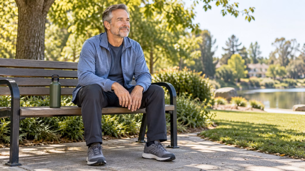 Adult sitting on a park bench in walking shoes beside a water bottle