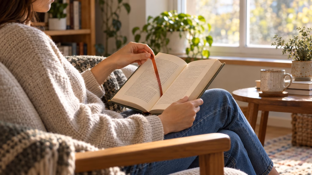 Adult returning to a bookmarked book while learning how to restart a habit