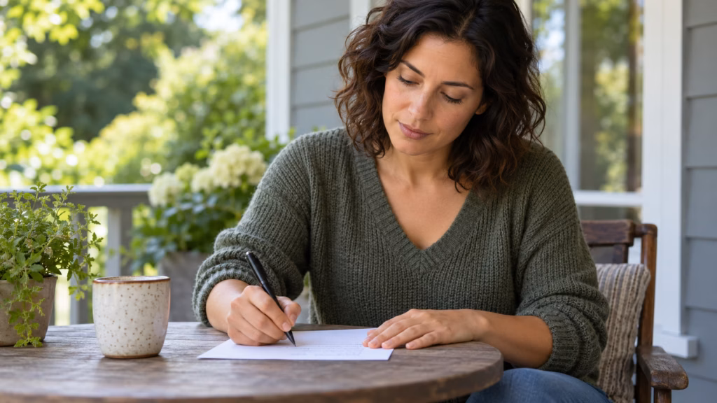 Woman writing a short note on a porch as a self-compassion reflection