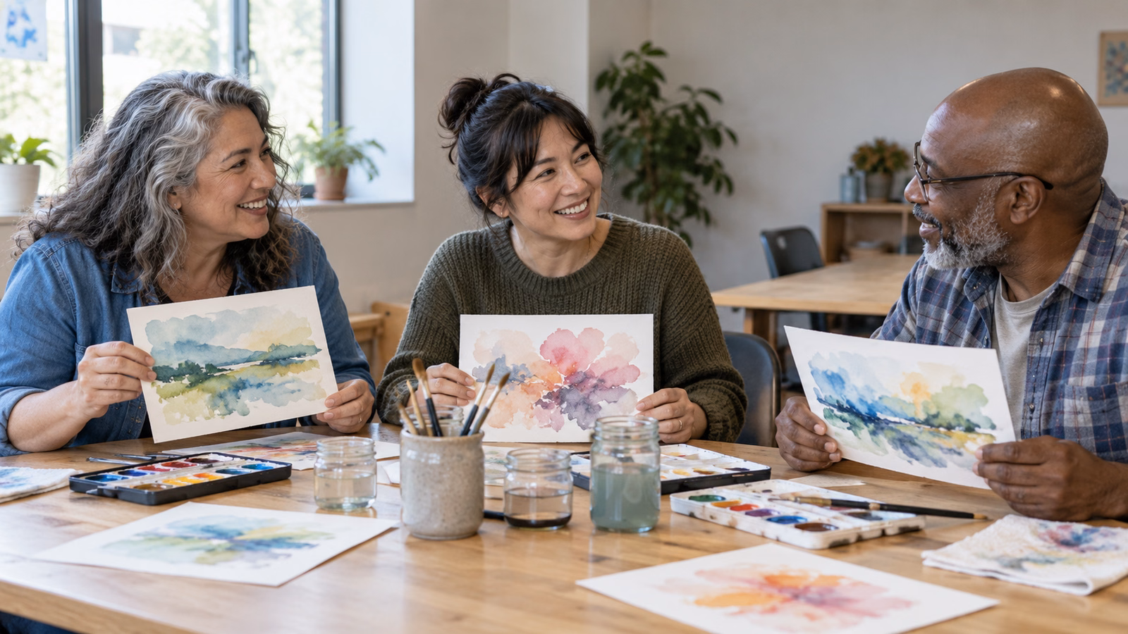 Adults sharing watercolor paintings in a class, an example of how to make friends as an adult