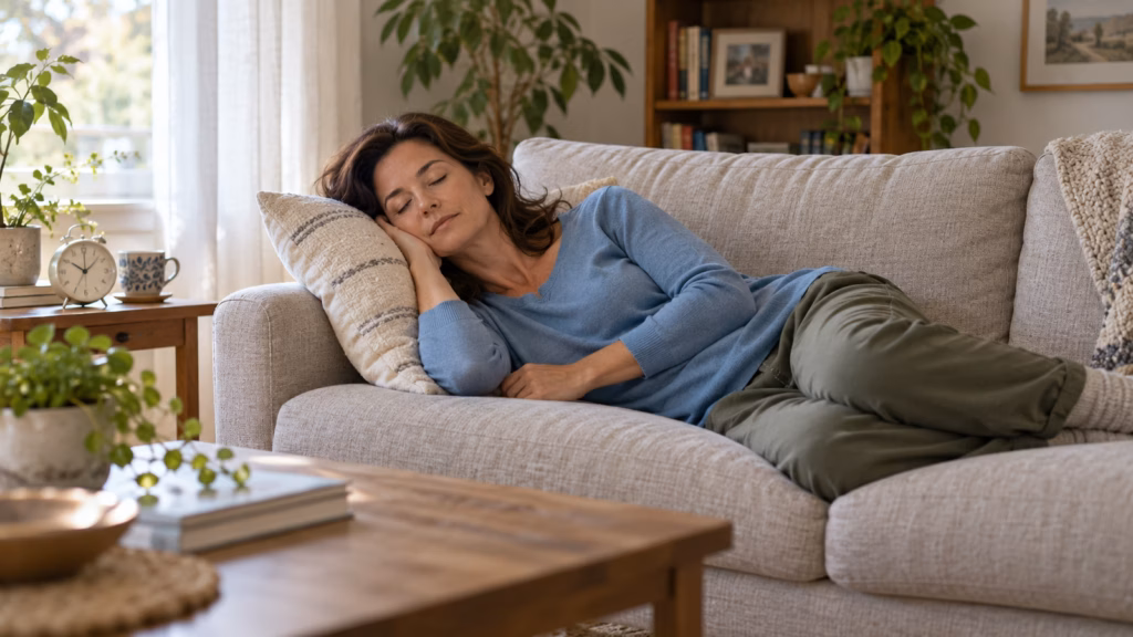 Woman taking a short nap on a sofa in soft afternoon daylight