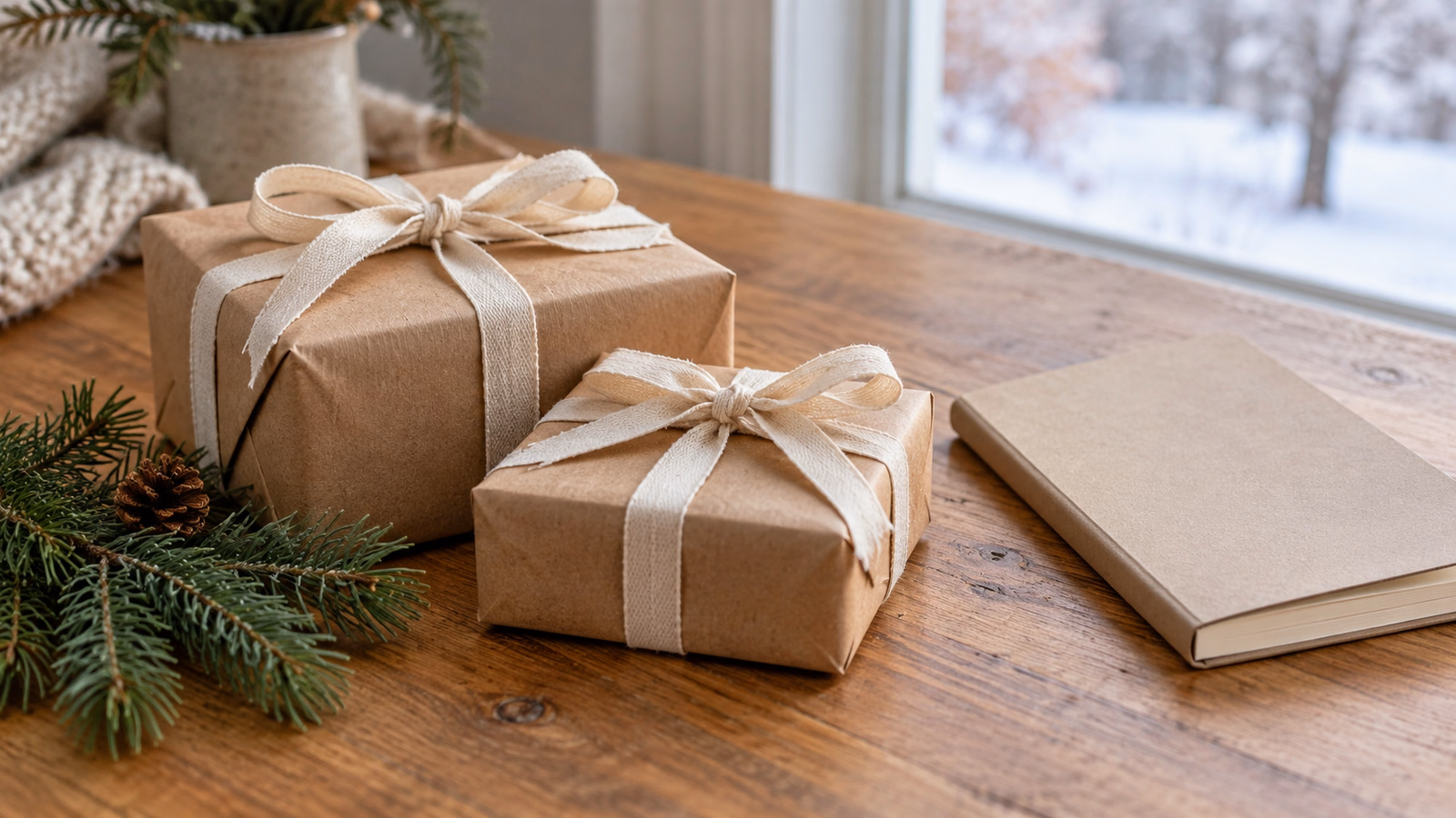 Two simply wrapped gifts beside a notebook and evergreen sprig