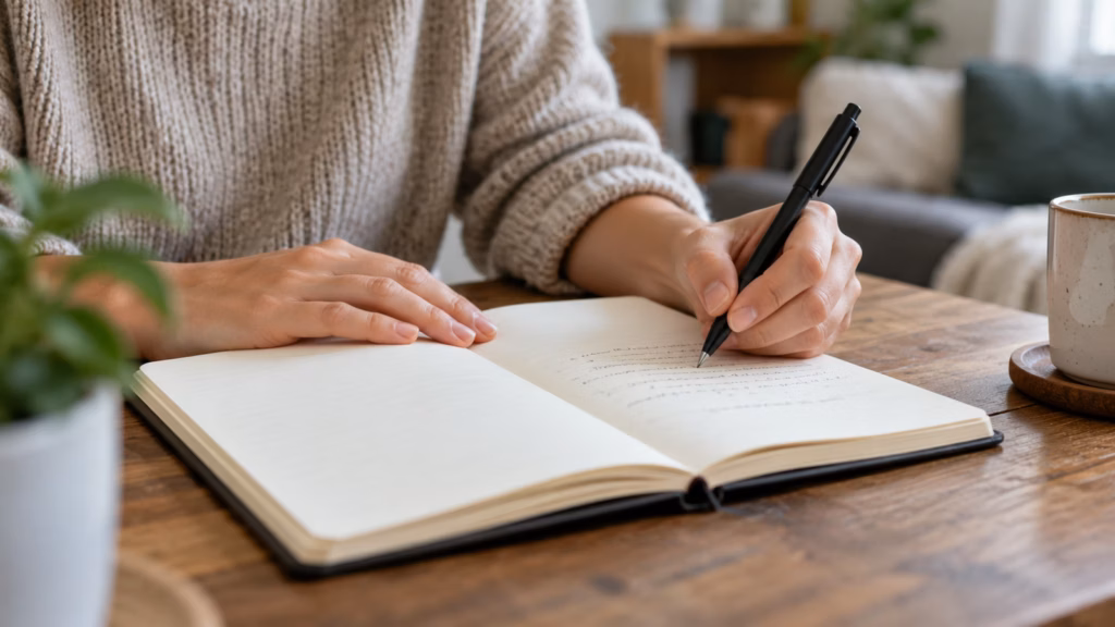 Adult writing a few lines in an open notebook at a table