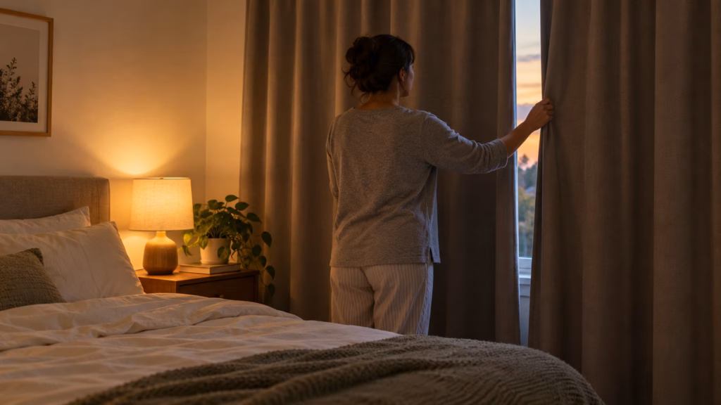 Adult closing opaque bedroom curtains as part of a quieter, darker sleep environment