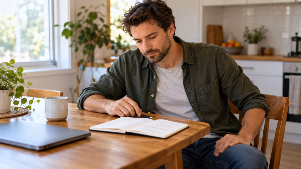 Adult looking thoughtfully at an open notebook beside a closed laptop on a kitchen table