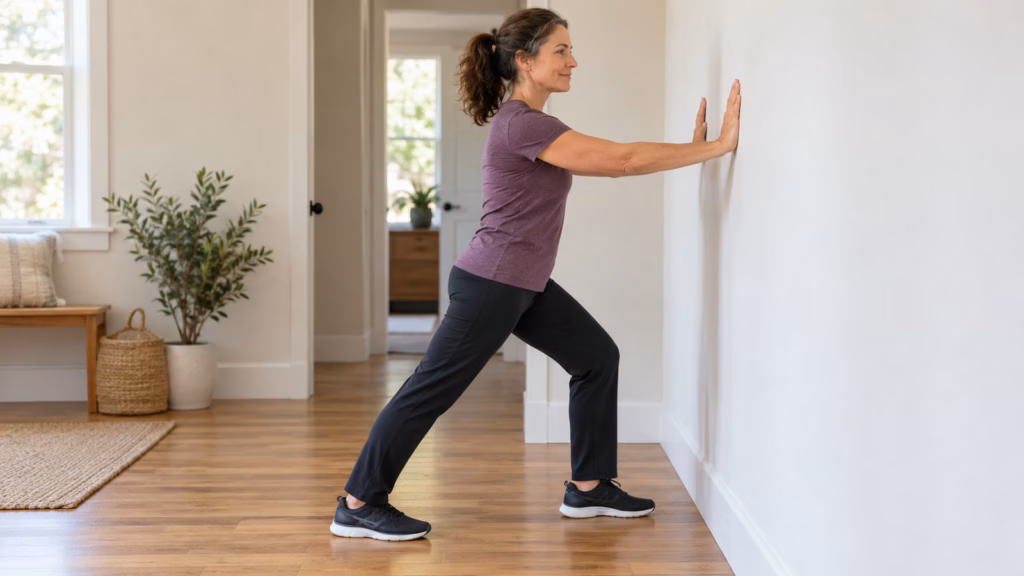 Woman doing a standing calf stretch at a wall with both heels supported on the floor