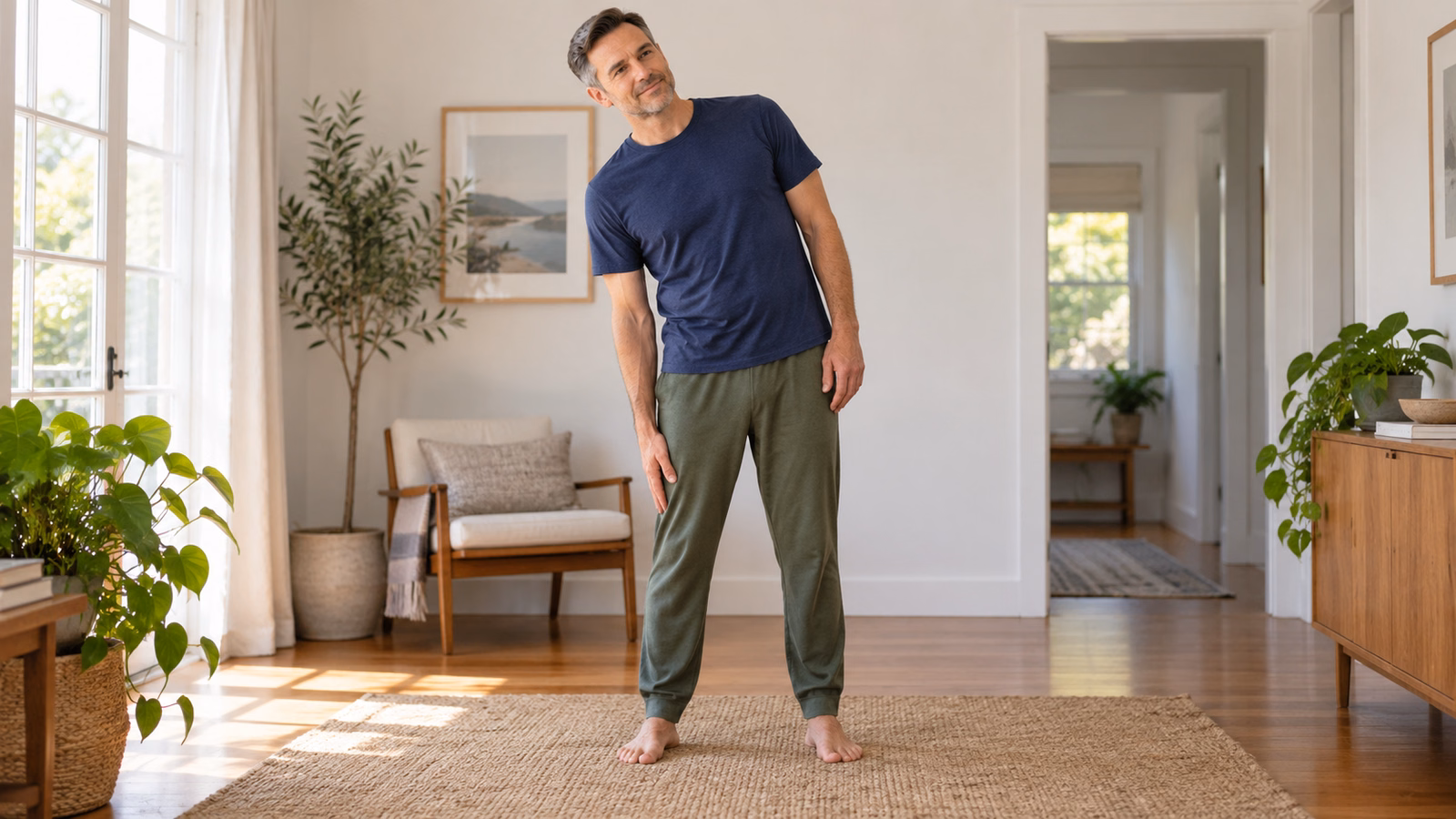 Man making a small sideways bend with both feet supported and one hand sliding down his thigh
