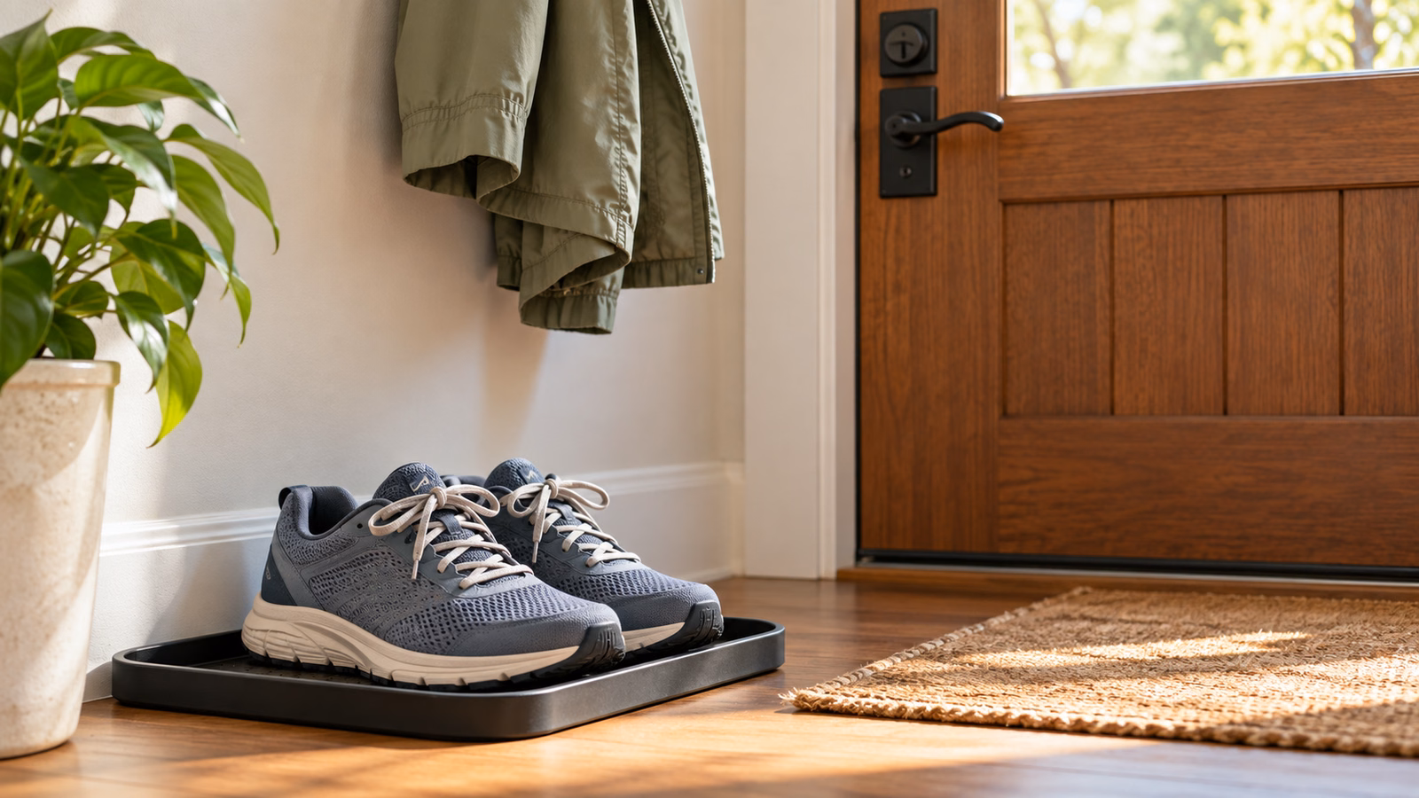 Walking shoes set on a tray by the front door, ready for the next walk