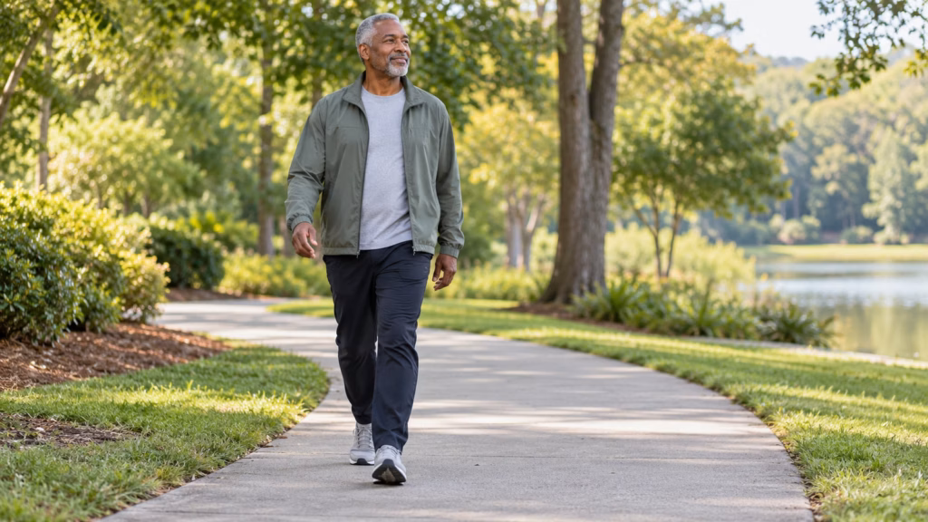 Adult taking easy steps on a level park path for a walking warm-up