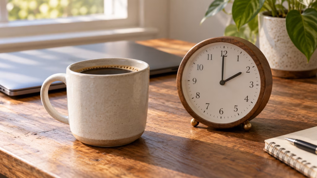 Cup of black coffee beside an analog clock showing two o’clock